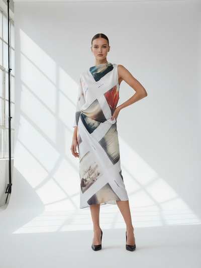 Vintage Print Asymmetric One-Sleeve Maxi Dress, with white base and multicolor abstract print, on sale