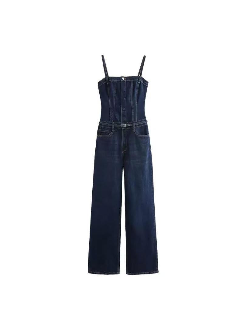 Dark Blue Corset‑Style Denim Wide‑Leg Jumpsuit