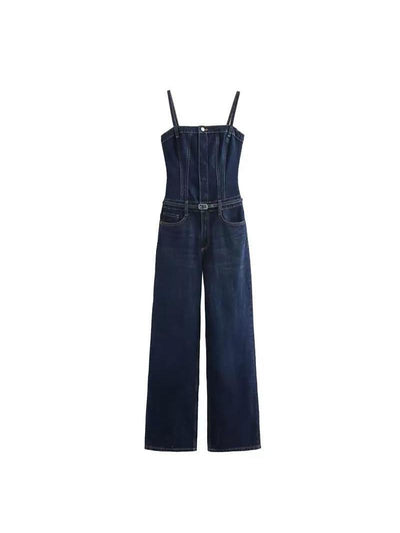 Dark blue denim jumpsuit with a corset-style bodice, thin straps, a waist belt, and wide-leg pants.