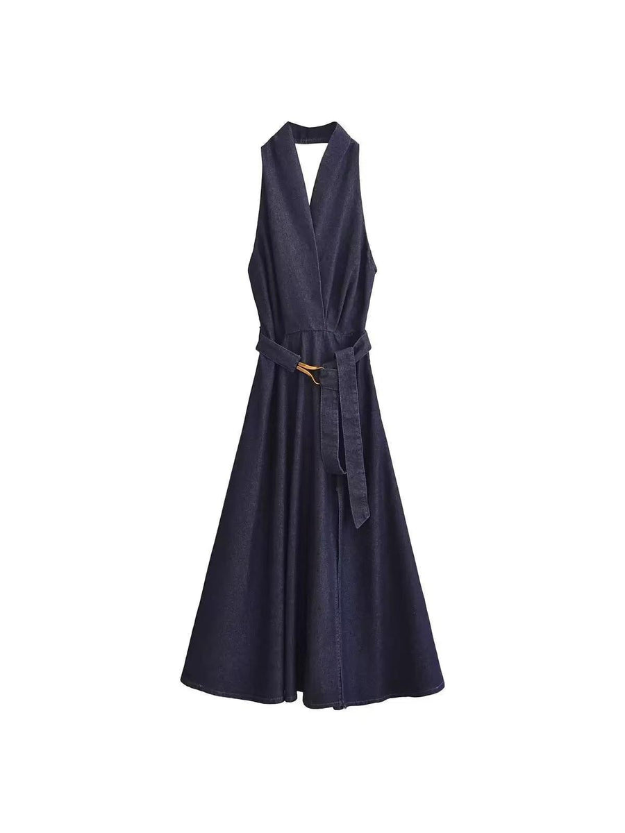 Indigo Halter Neck Belted A-Line Midi Dress
