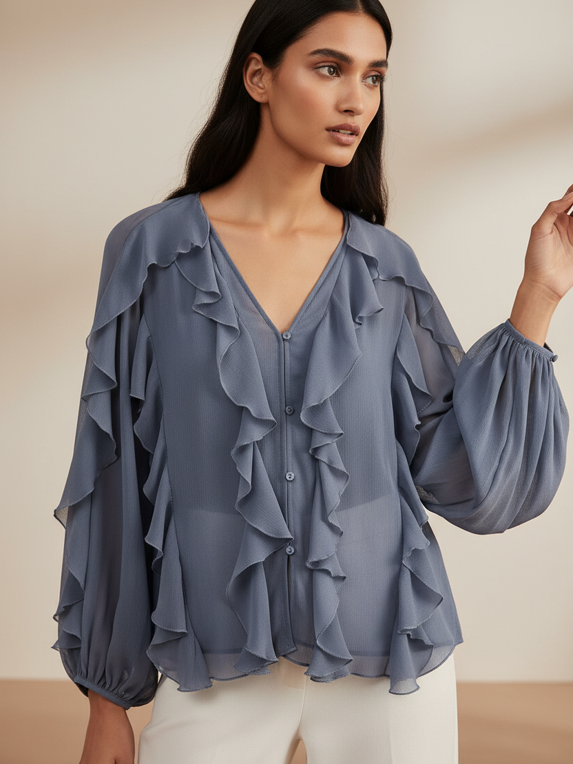 Ruffles V Neck Full Sleeve Top in blue-gray, sheer fabric with cascading ruffle trim.