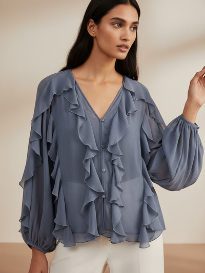 Ruffles V Neck Full Sleeve Top in blue-gray, sheer fabric with cascading ruffle trim.
