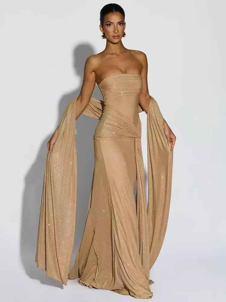 Strapless Glitter Drape Maxi Gown by Exclusives, beige glitter fabric, floor-length dress