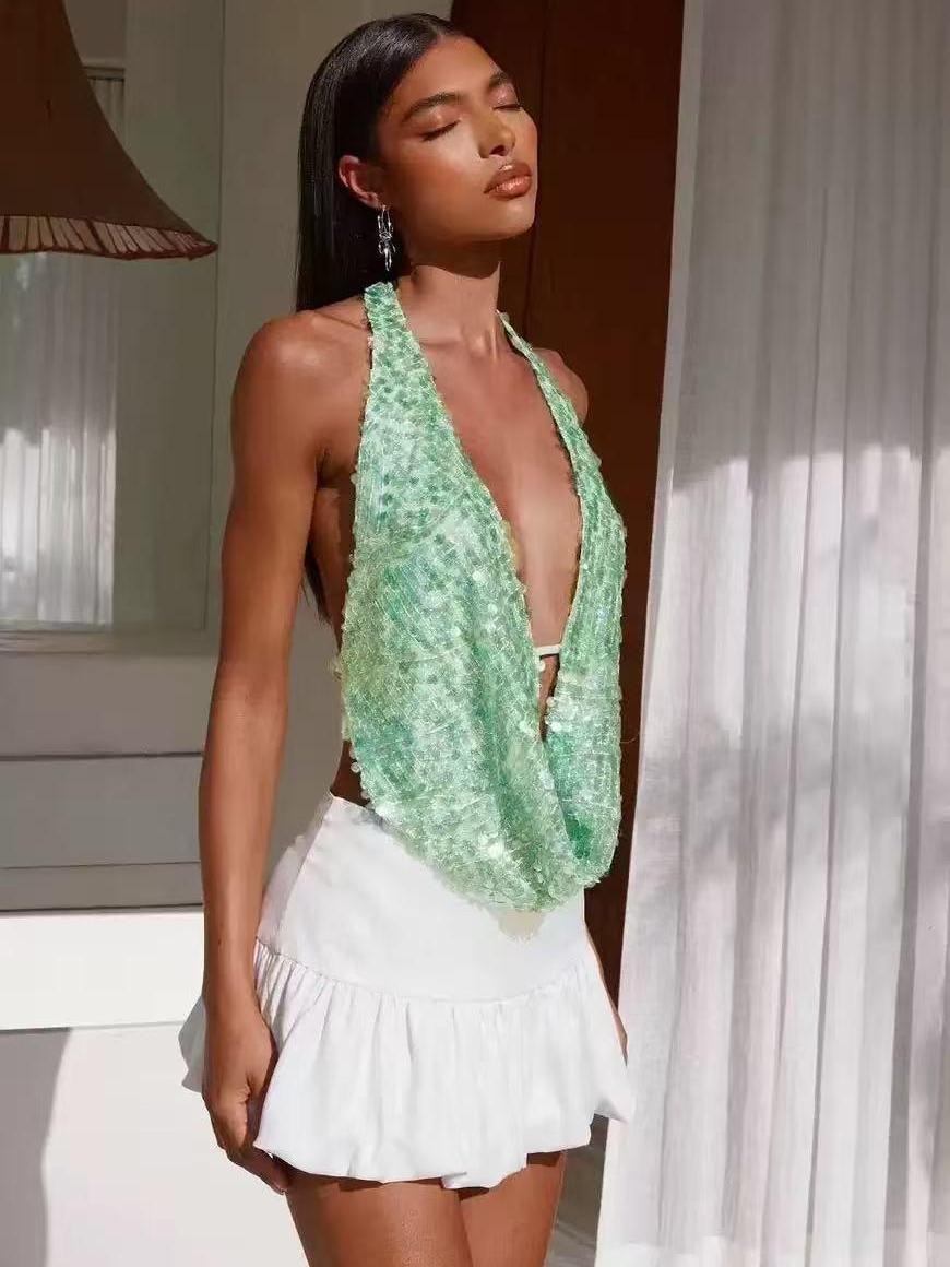 Halterneck Deep Neck Backless Sequins Vest Top