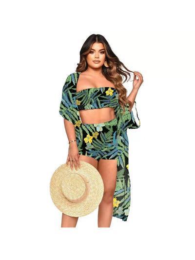 Tropical Print Swimsuit Bikini Set With Cover Up