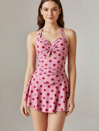 Vintage halter swim dress and briefs set in pink with red polka dots