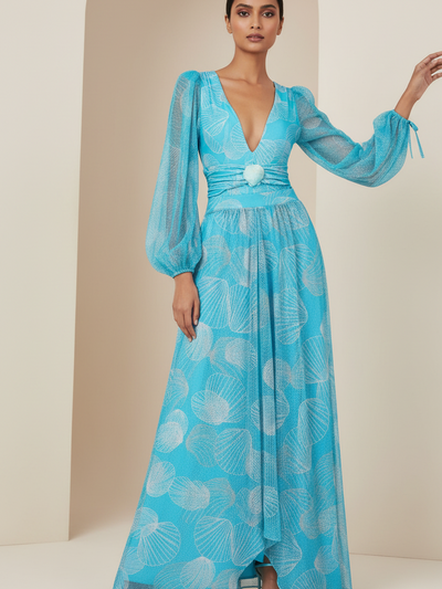 Ocean Shell Glam Swimsuit Set by Swimwears; blue shell-print one-piece with sheer puff sleeves, on sale