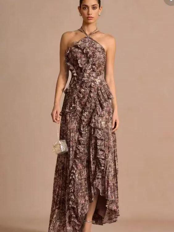 Elodie Pleated Ruffle Halter High-Low Printed Dress, Exclusives, brown-toned print