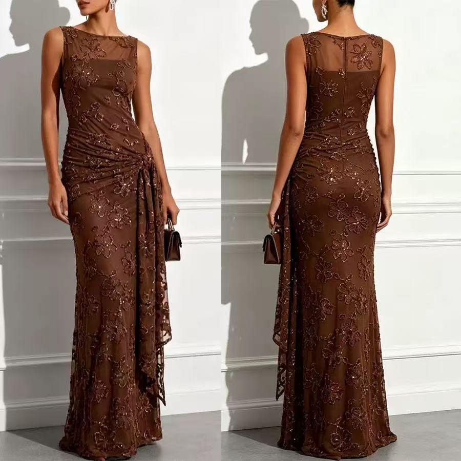 Seraphina Draped Lace Maxi Dress, brown floral lace with sheer panels, EXCLUSIVES on sale