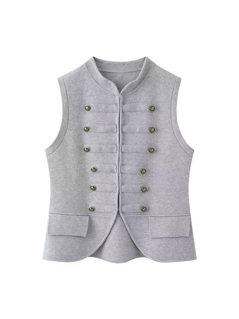 Regal brass button vest top by Exclusives, gray sleeveless waistcoat with double brass buttons