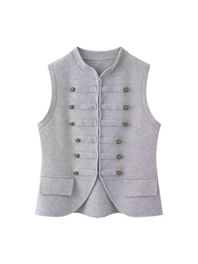 Regal brass button vest top by Exclusives, gray sleeveless waistcoat with double brass buttons