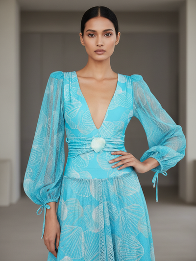 Ocean Shell Glam One-Piece Swimsuit by Swimwears, turquoise with sheer puff sleeves