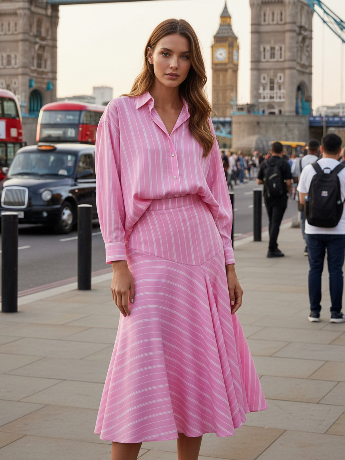 Capri Striped Oversized Shirt & Midi Skirt co-ord set in pink stripes; 2-piece outfit