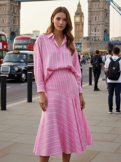 Capri Striped Oversized Shirt & Midi Skirt co-ord set in pink stripes; 2-piece outfit