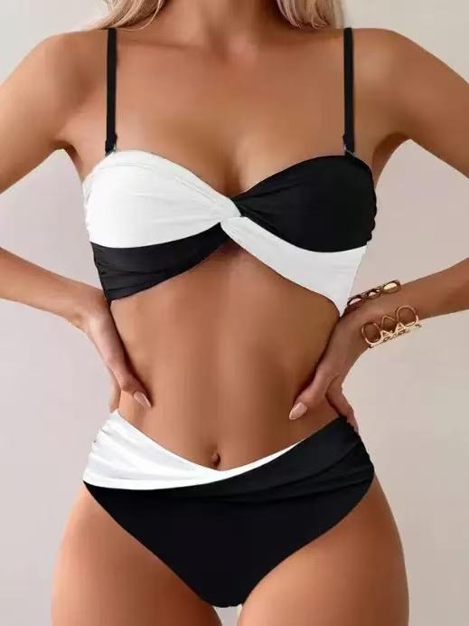 Monochrome Muse Twist Bikini Swimsuit Set by Swimwears, black and white classic bikini on sale