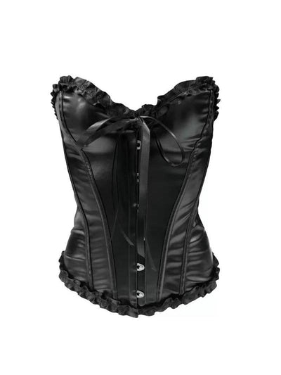 Noir Envy Leather Corset Top by EXCLUSIVES, black leather corset with front busk and ruffle trim