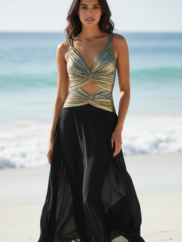 Zaria Metallic Cutout Twist Monokini, metallic gold top with twist cutouts and black flowing overlay, one-piece swimsuit