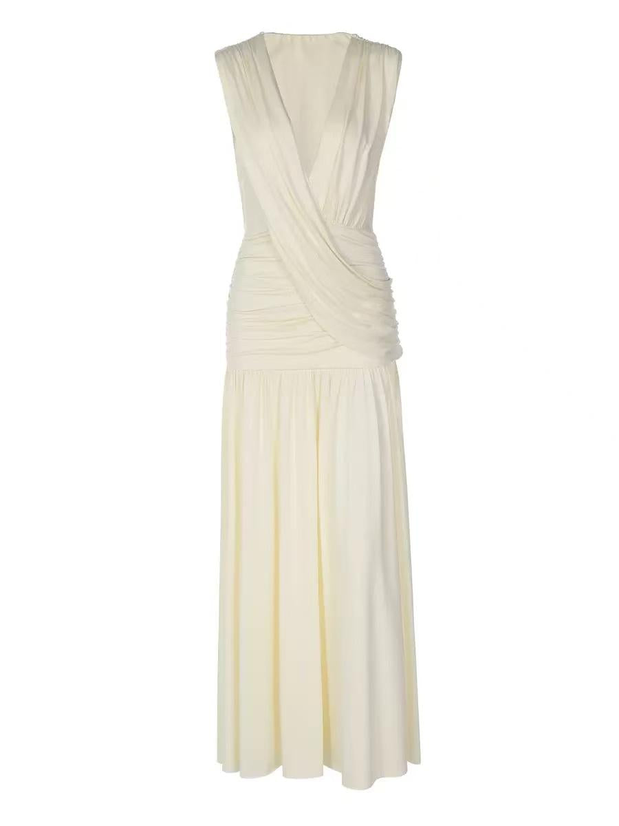 Sienna Draped Maxi Dress by EXCLUSIVES in ivory, sleeveless with ruched waist, floor-length.