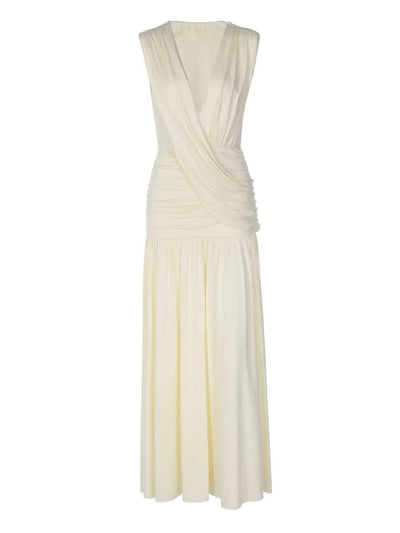Sienna Draped Maxi Dress by EXCLUSIVES in ivory, sleeveless with ruched waist, floor-length.