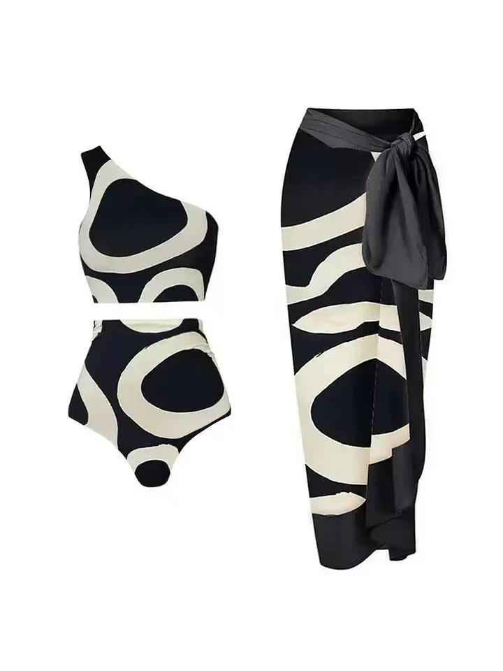 Prague Abstract One-Shoulder Bikini & Sarong 3-Piece Set