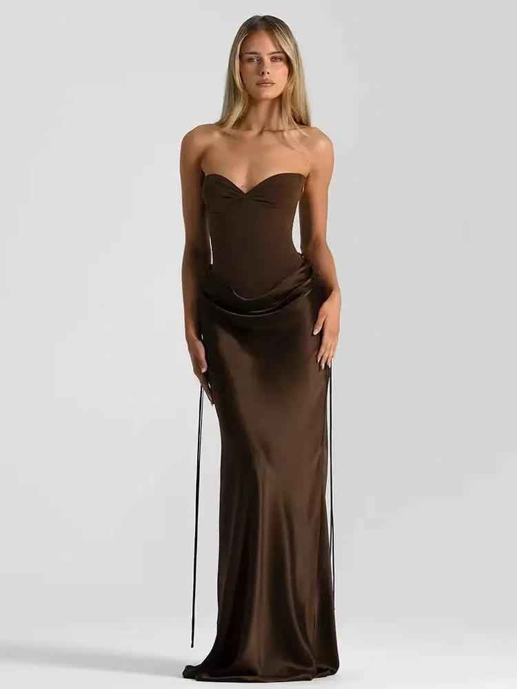 Strapless Drape-Waist Satin Corset Maxi Dress