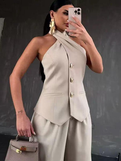 Asymmetric Halterneck Waistcoat Vest Top & Pants Coord Set