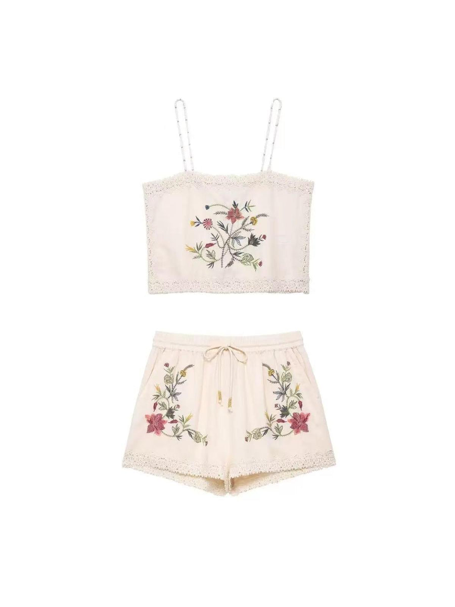 Ivory Floral Embroidered Lace‑Trim Cami and Shorts Co‑ord Set