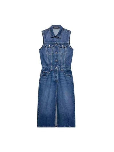 Blue denim sleeveless midi shirt dress with button-down front, collared neckline, and two chest pockets with flaps.