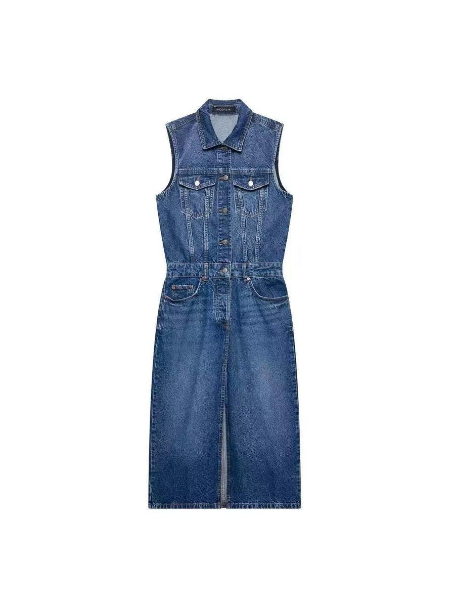 Sleeveless Button‑Front Denim Midi Shirt Dress