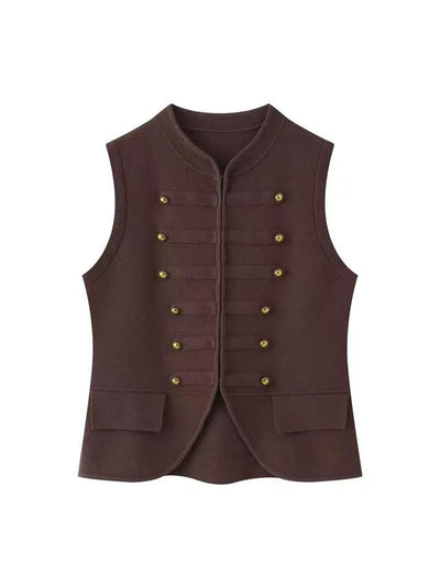 Regal Brass Button Vest Top in brown with gold buttons