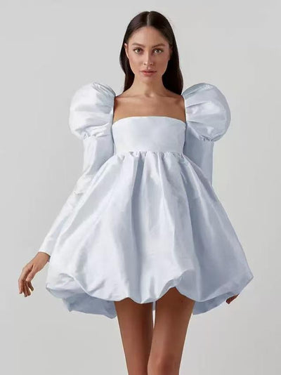 Ice Silk Square Collar Puff Sleeve French Satin Dress