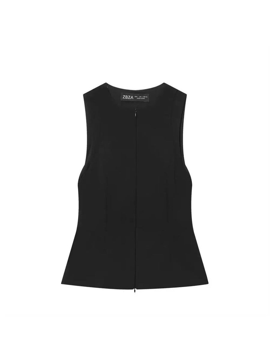 Structured sleeveless zip-front top in black by Exclusives, tank tops on sale