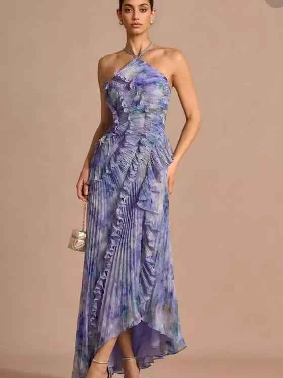 Elodie Pleated Ruffle Halter High-Low Printed Dress