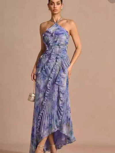 Elodie Pleated Ruffle Halter High-Low Printed Dress