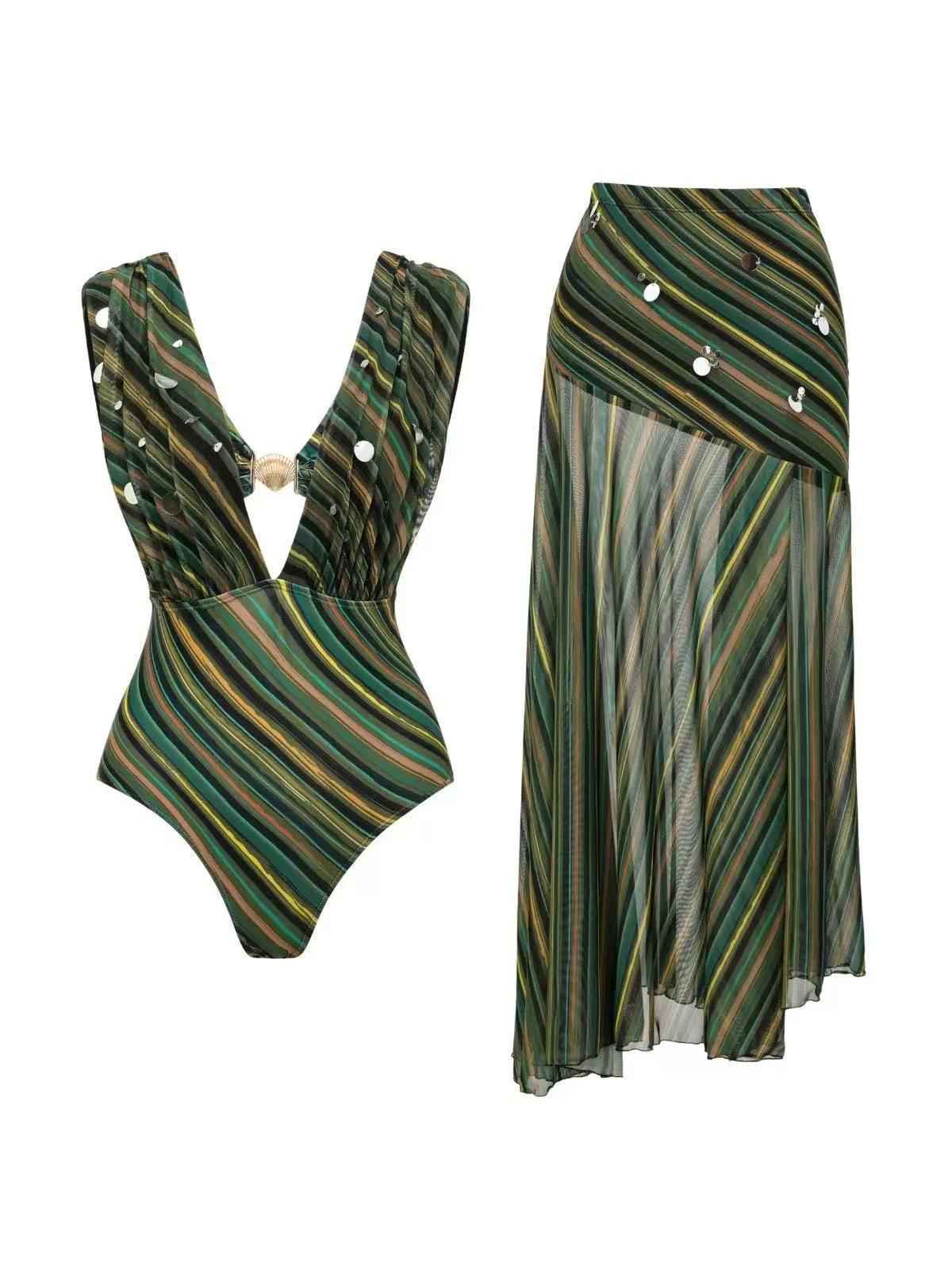 Calypso Striped Plunge Monokini & Asymmetric Skirt Set