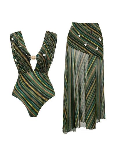 Calypso Striped Plunge Monokini & Asymmetric Skirt Set