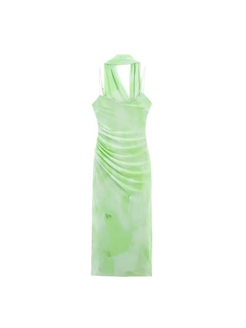 Satin Scarf‑Detail Ruched Midi Dress