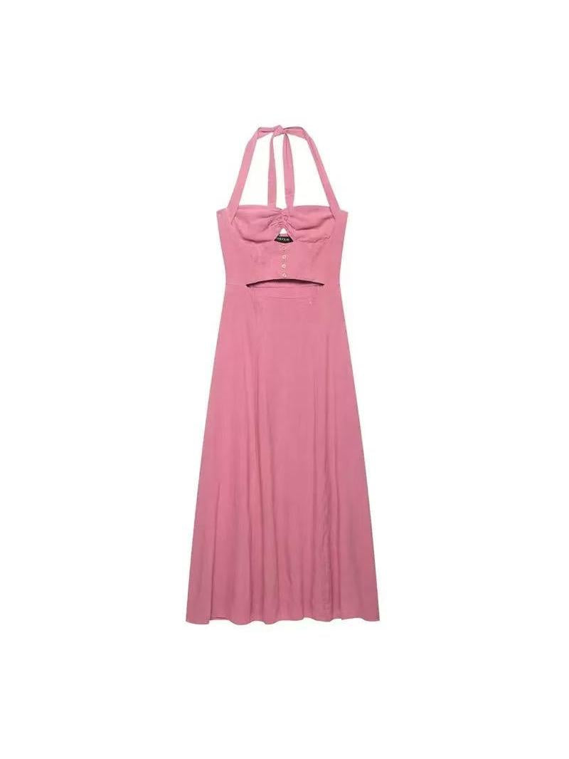 Pink Halter Neck Cut‑Out Maxi Dress
