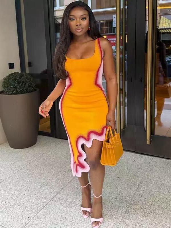 Orange Crush Midi Dress by EXCLUSIVES; fitted orange dress with pink and white wavy trim, pink heels, yellow handbag