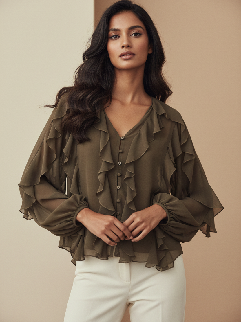 Ruffles V Neck Full Sleeve Top in olive chiffon with cascading ruffles and long puff sleeves.
