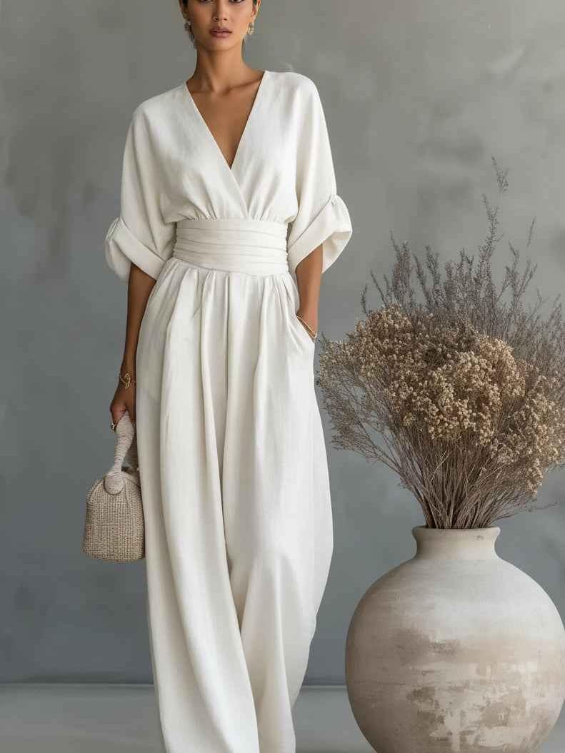 Serene Linen Belted Wide‑Leg Jumpsuit