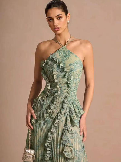 Elodie Pleated Ruffle Halter High-Low Printed Dress in green floral print