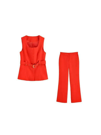 Red Belted Vest Top & Pants Coord Set