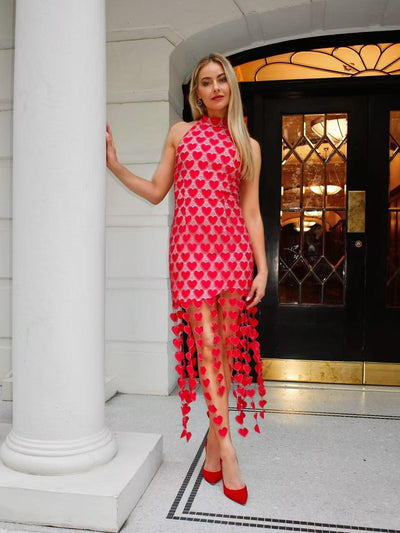 Heart Laser Print Cutout Sleeveless Fringe Midi Dress