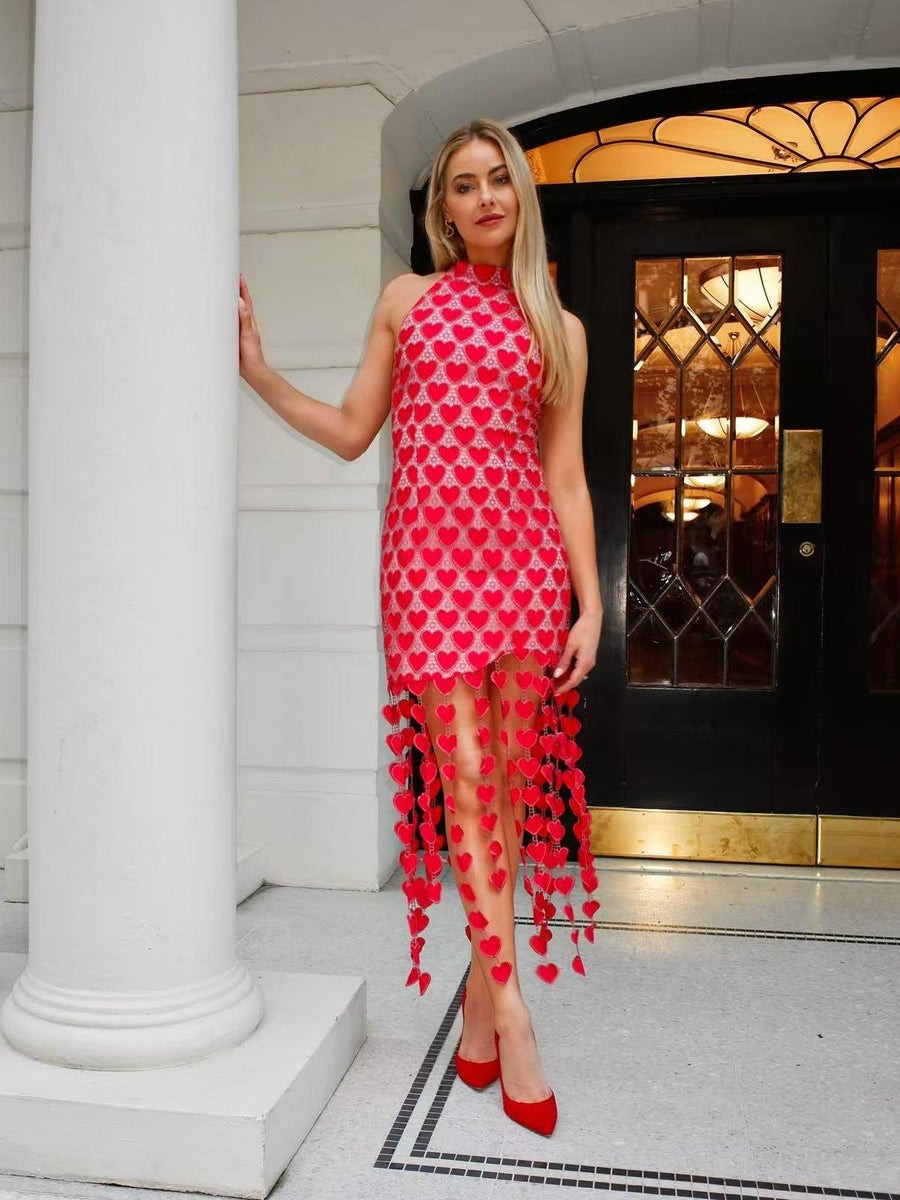 Heart Laser Print Cutout Sleeveless Fringe Midi Dress