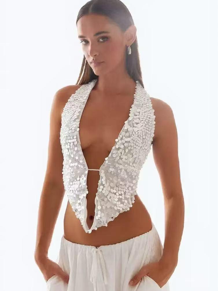 Halterneck Deep Neck Backless Sequins Vest Top