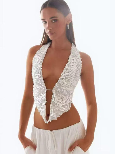 Halterneck Deep Neck Backless Sequins Vest Top