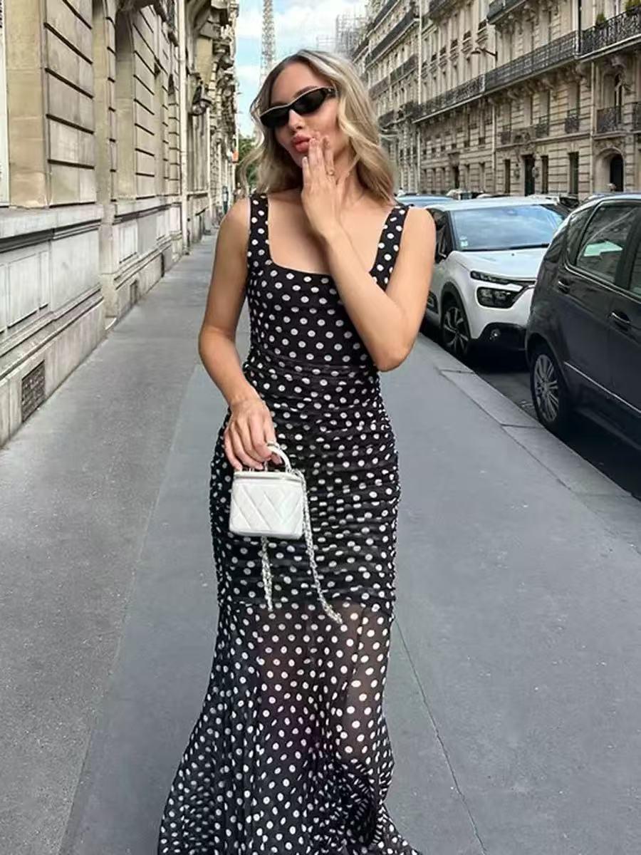 Sheer Polka Dot Ruched Maxi Dress