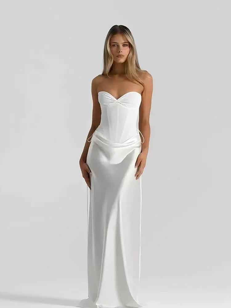 Strapless Drape-Waist Satin Corset Maxi Dress