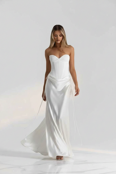 Strapless drape-waist satin corset maxi dress, Exclusives, white, dresses on sale.